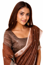 Chocolate Brown Linen Silk Ikat Buti Saree - Naksh Creation