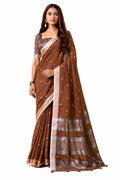 Coffee Slub Linen Silk Zari Border Work Saree