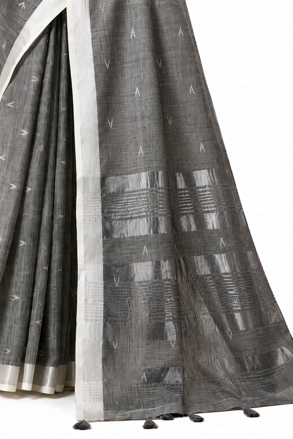 Charcoal Grey Linen Silk Saree Striped Pallu Detail - Naksh Creation