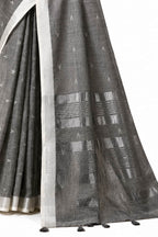 Charcoal Grey Linen Silk Saree Striped Pallu Detail - Naksh Creation