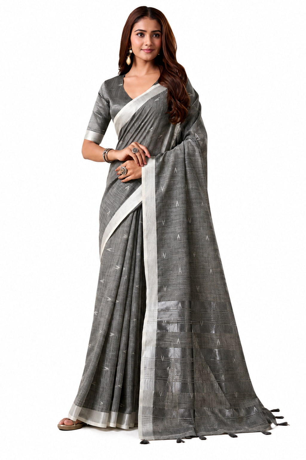 Charcoal Grey Linen Silk Saree Blouse Detail - Naksh Creation