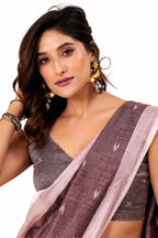 Dusty Mauve Linen Silk Ikat Buti Saree - Naksh Creation