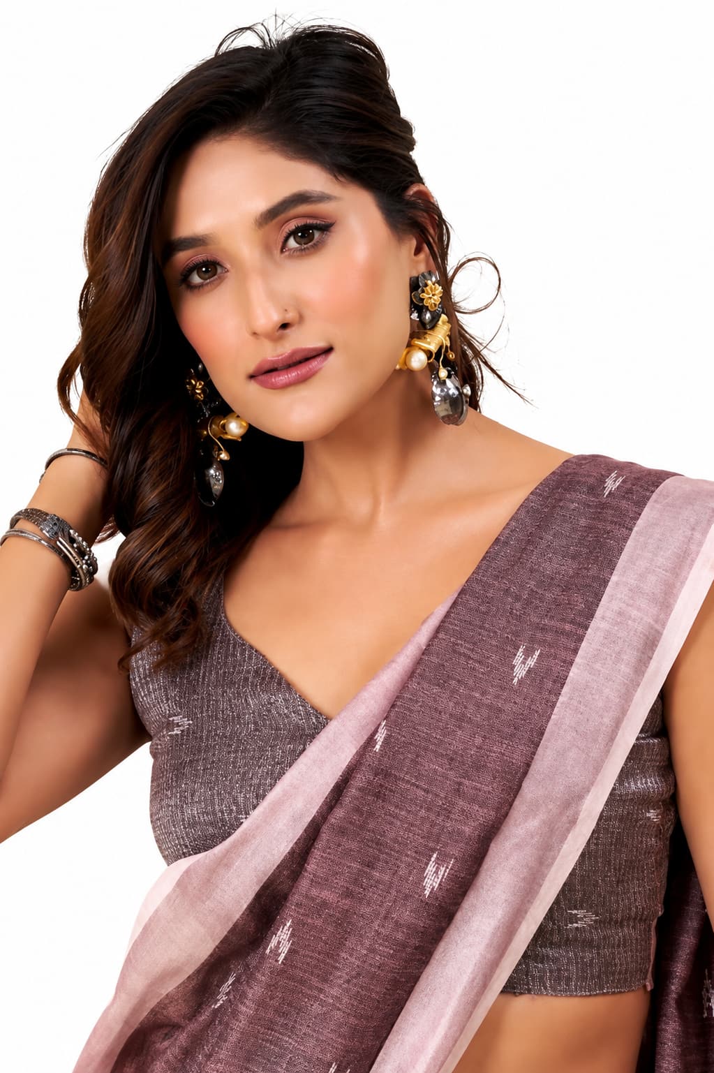 Dusty Mauve Linen Silk Ikat Buti Saree - Naksh Creation