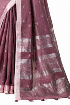 Dusty Mauve Linen Silk Saree Striped Pallu Detail - Naksh Creation