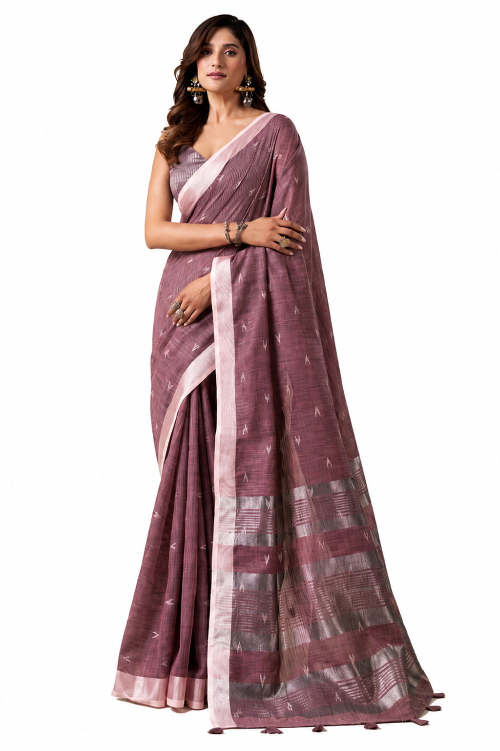 Dusty Mauve Linen Silk Saree Blouse Detail - Naksh Creation