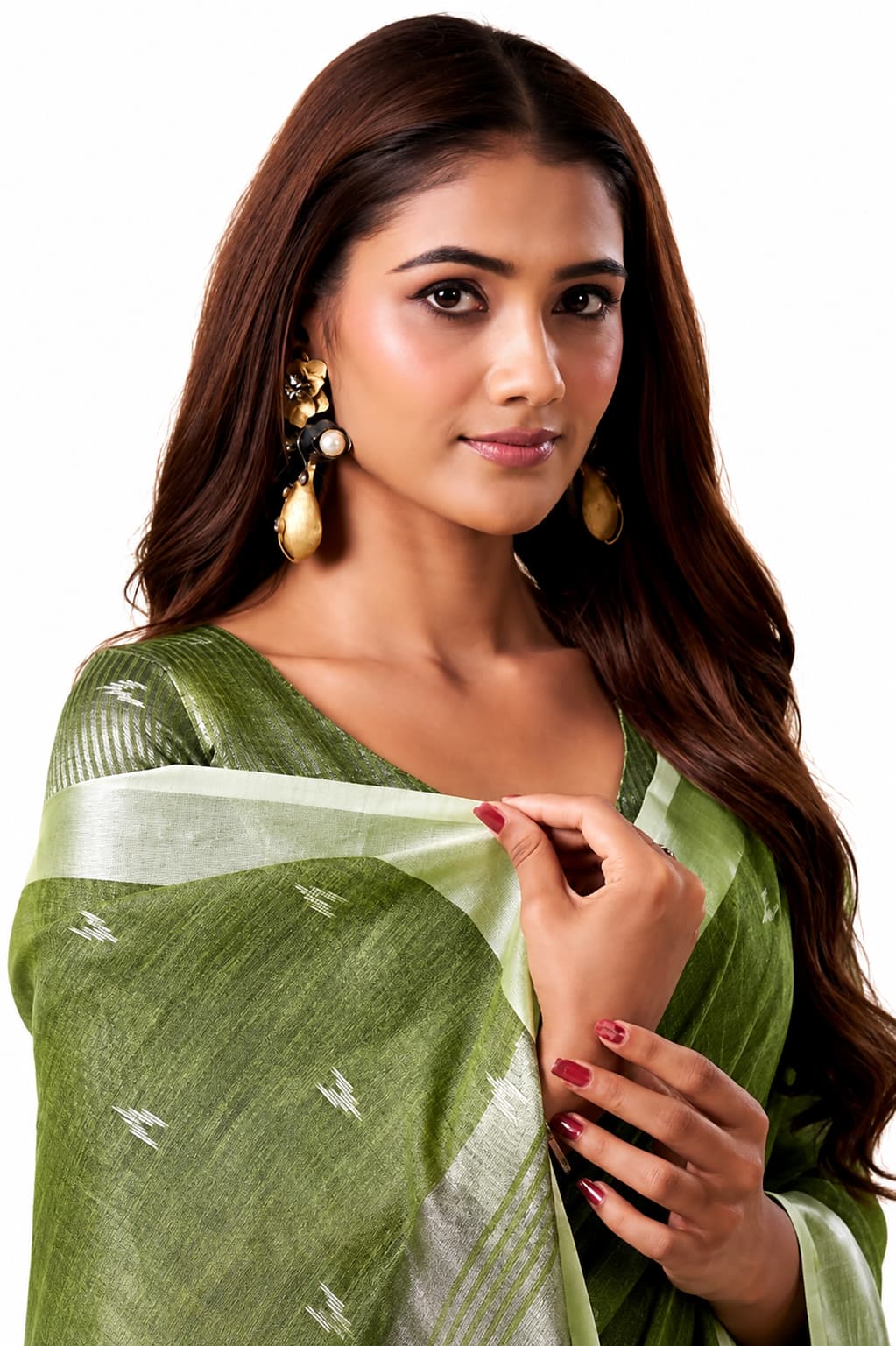 Olive Green Linen Silk Ikat Buti Saree - Naksh Creation