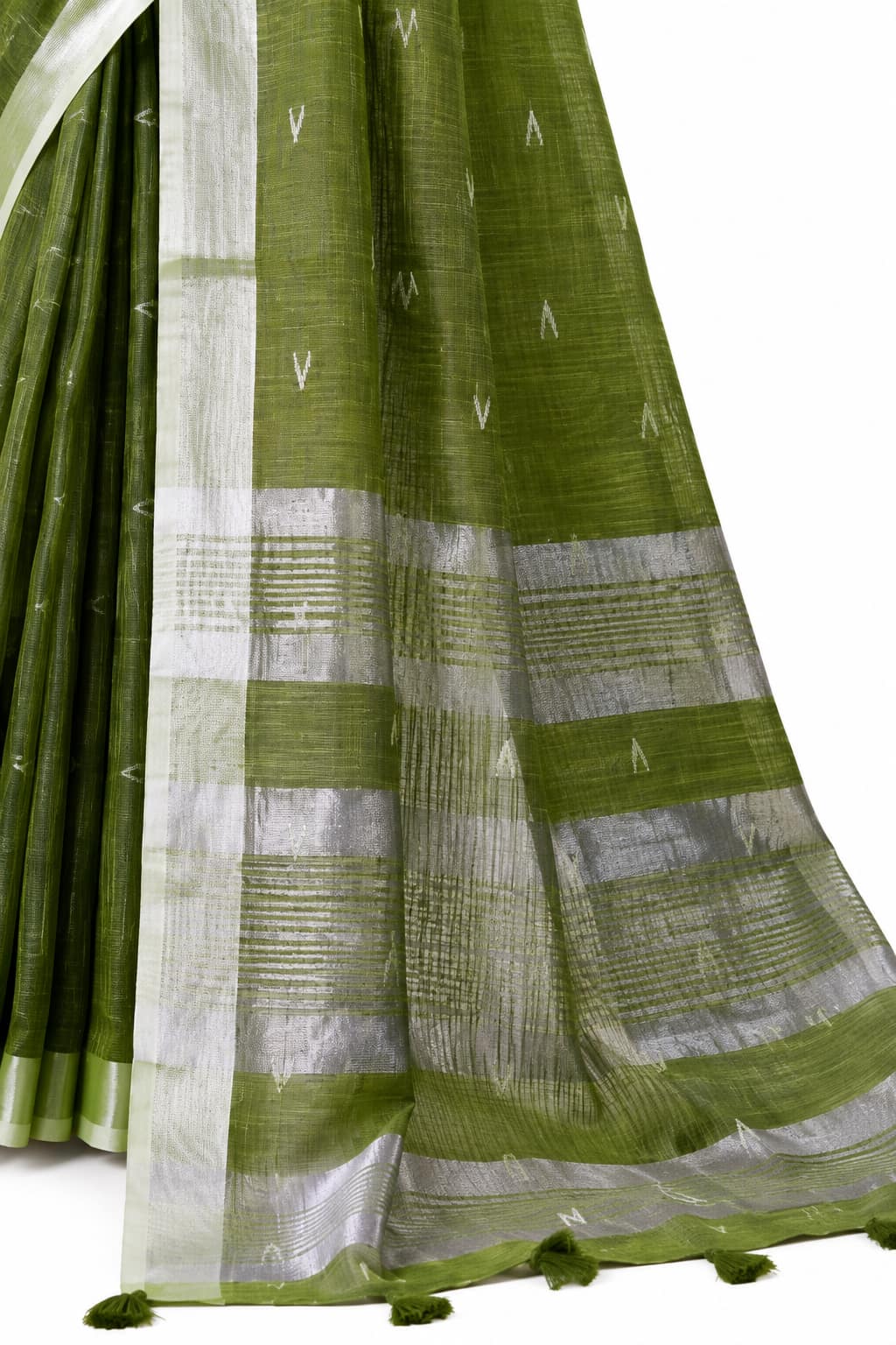 Olive Green Linen Silk Saree Striped Pallu Detail - Naksh Creation
