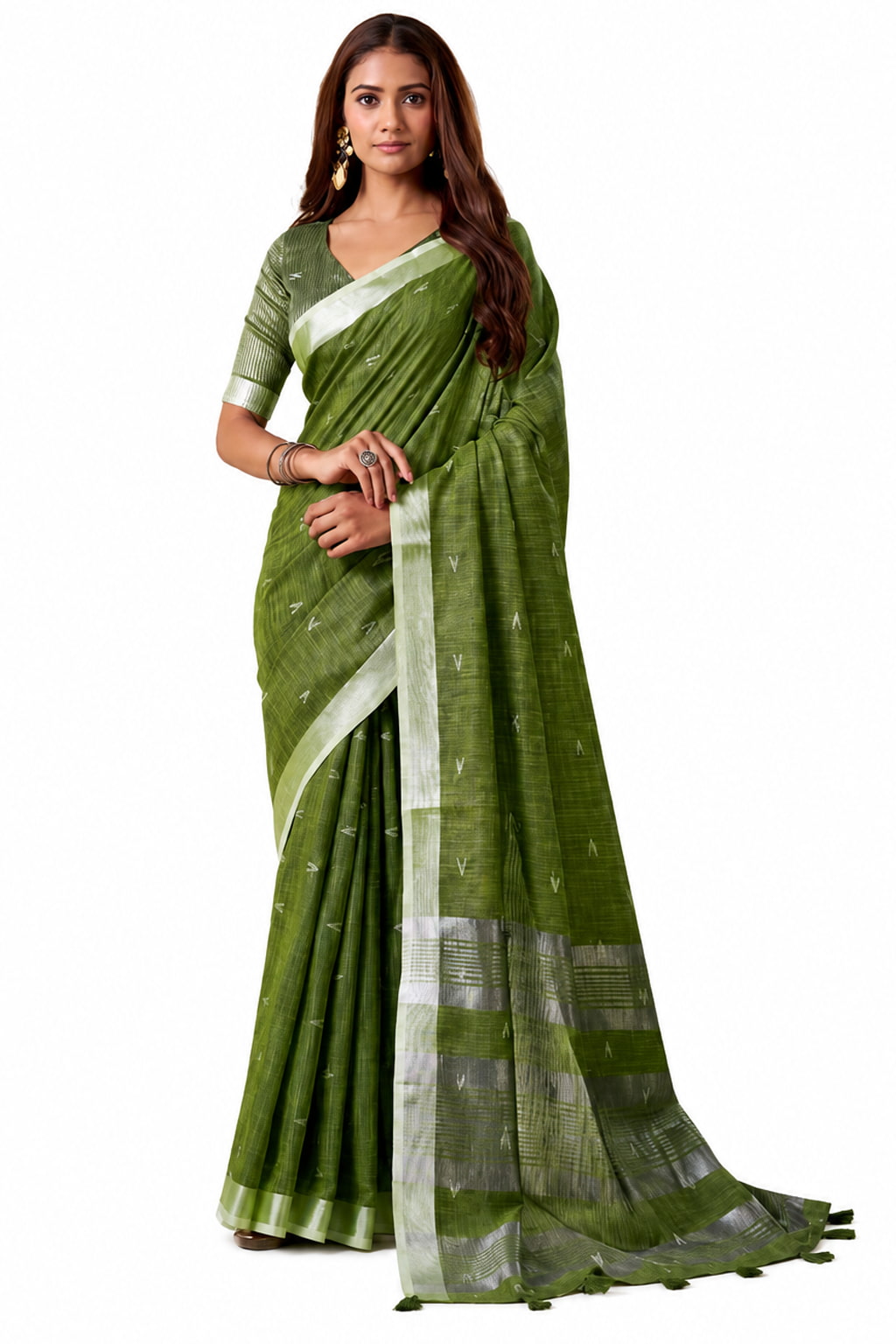 Olive Green Linen Silk Saree Blouse Detail - Naksh Creation