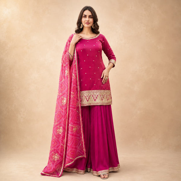 Dusty Rose Pink Embroidered Chinon Silk Designer Sharara Suit - Design 5646 by Naksh Creation