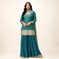 Teal green premium Chinon silk designer sharara suit with embroidered dupatta