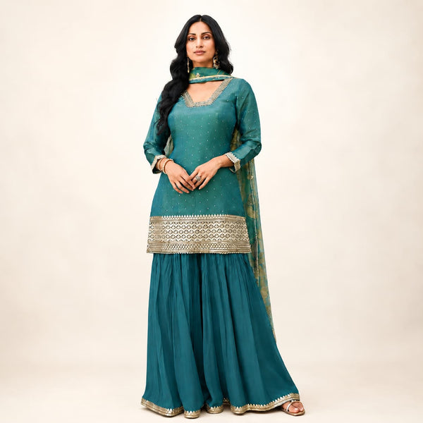 Teal Green Embroidered Chinon Silk Designer Sharara Suit - Design 5647 by Naksh Creation