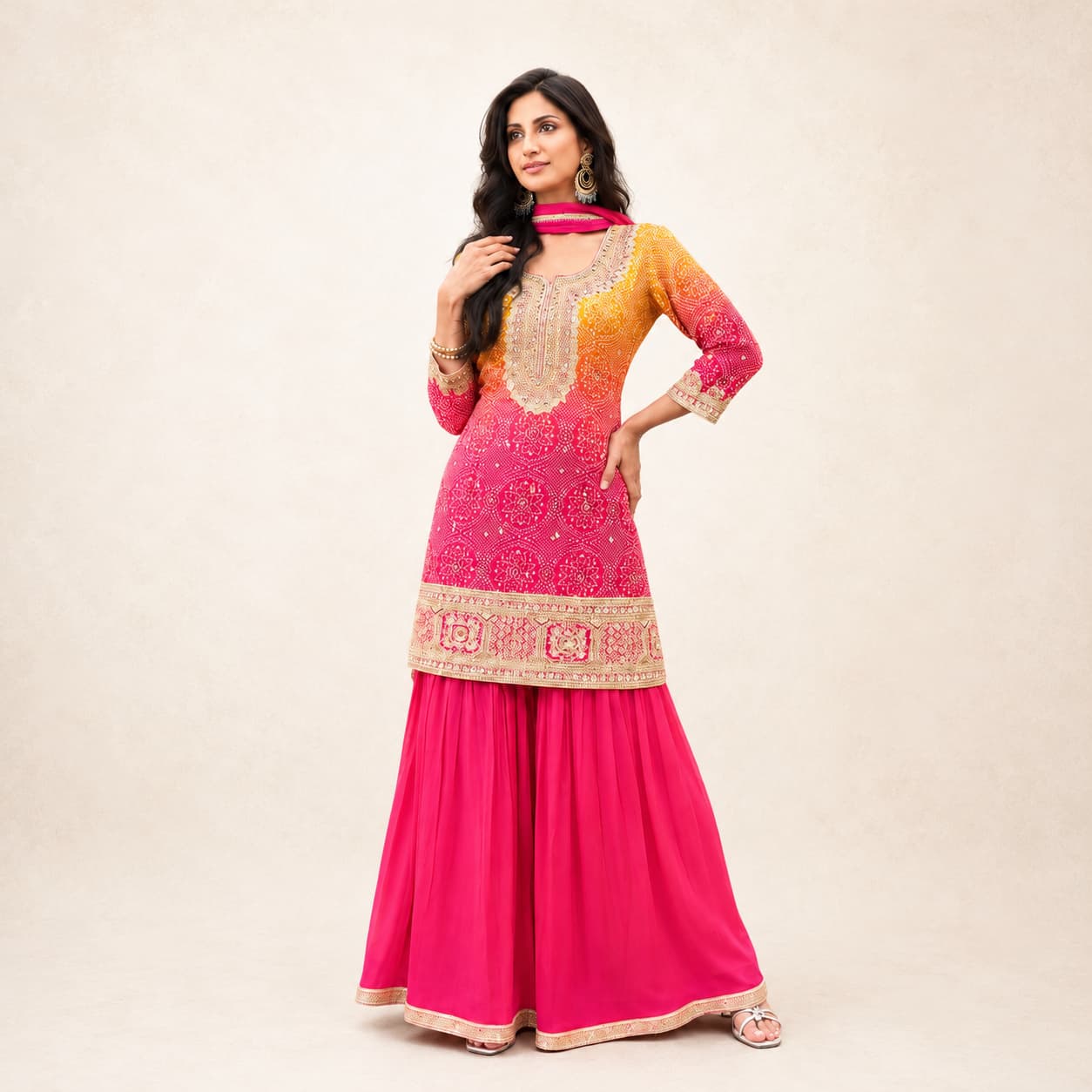Coral Pink Embroidered Chinon Silk Designer Sharara Suit - Design 5648 by Naksh Creation