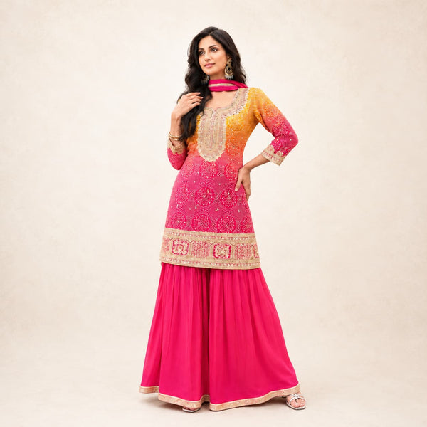 Coral Pink Embroidered Chinon Silk Designer Sharara Suit - Design 5648 by Naksh Creation