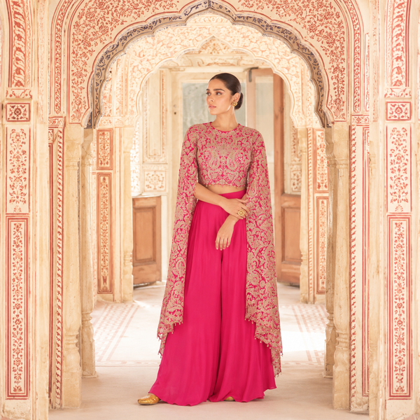 Rani Pink Chinon Silk embroidered Indo Western palazzo set with front and back embroidery for women