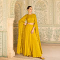 Mustard Yellow Chinon Silk embroidered Indo Western palazzo set with front and back embroidery for women