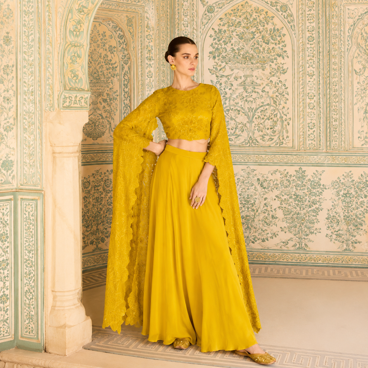 Mustard Yellow Chinon Silk embroidered Indo Western palazzo set with front and back embroidery for women