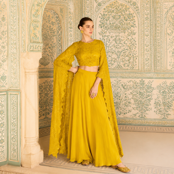Mustard Yellow Chinon Silk embroidered Indo Western palazzo set with front and back embroidery for women