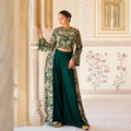 Emerald Green Chinon Silk embroidered Indo Western palazzo set with front and back embroidery for women