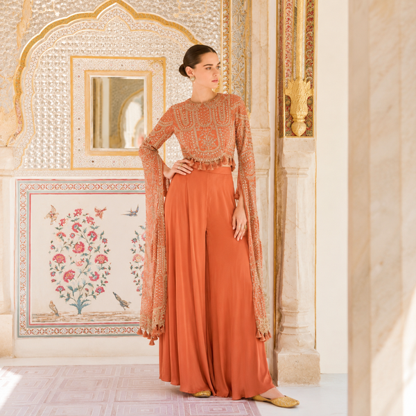 Rust Orange Chinon Silk embroidered Indo Western palazzo set with front and back embroidery for women