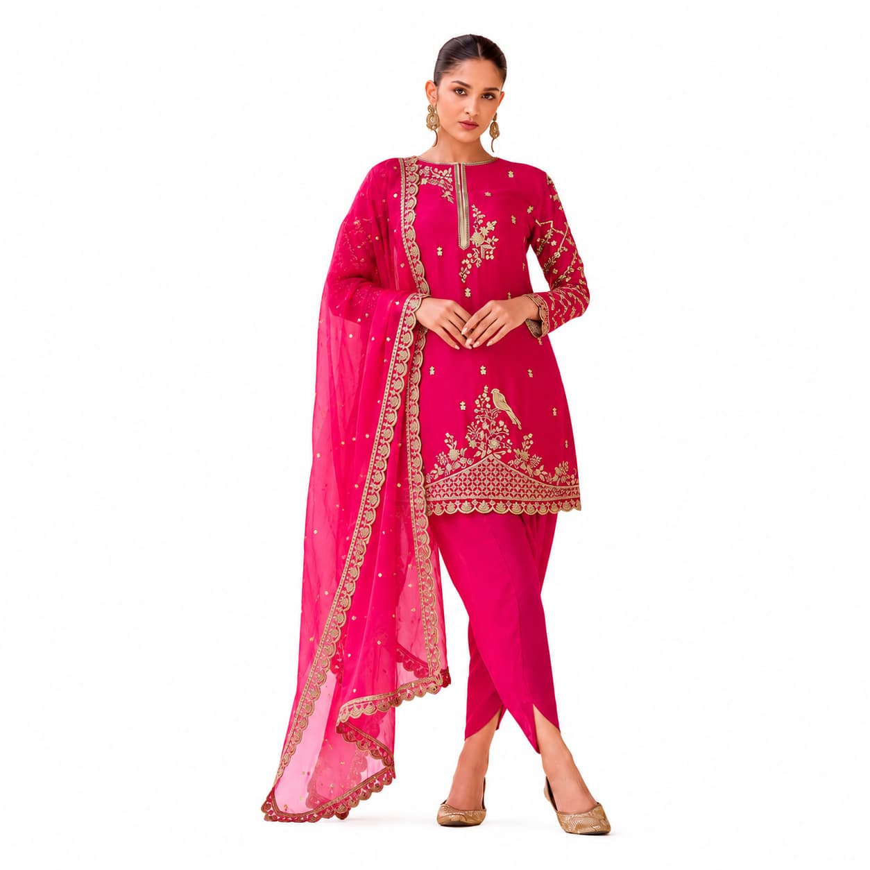 Fuchsia Pink Embroidered Crepe Silk Dhoti Suit with Organza Dupatta by Naksh Creation