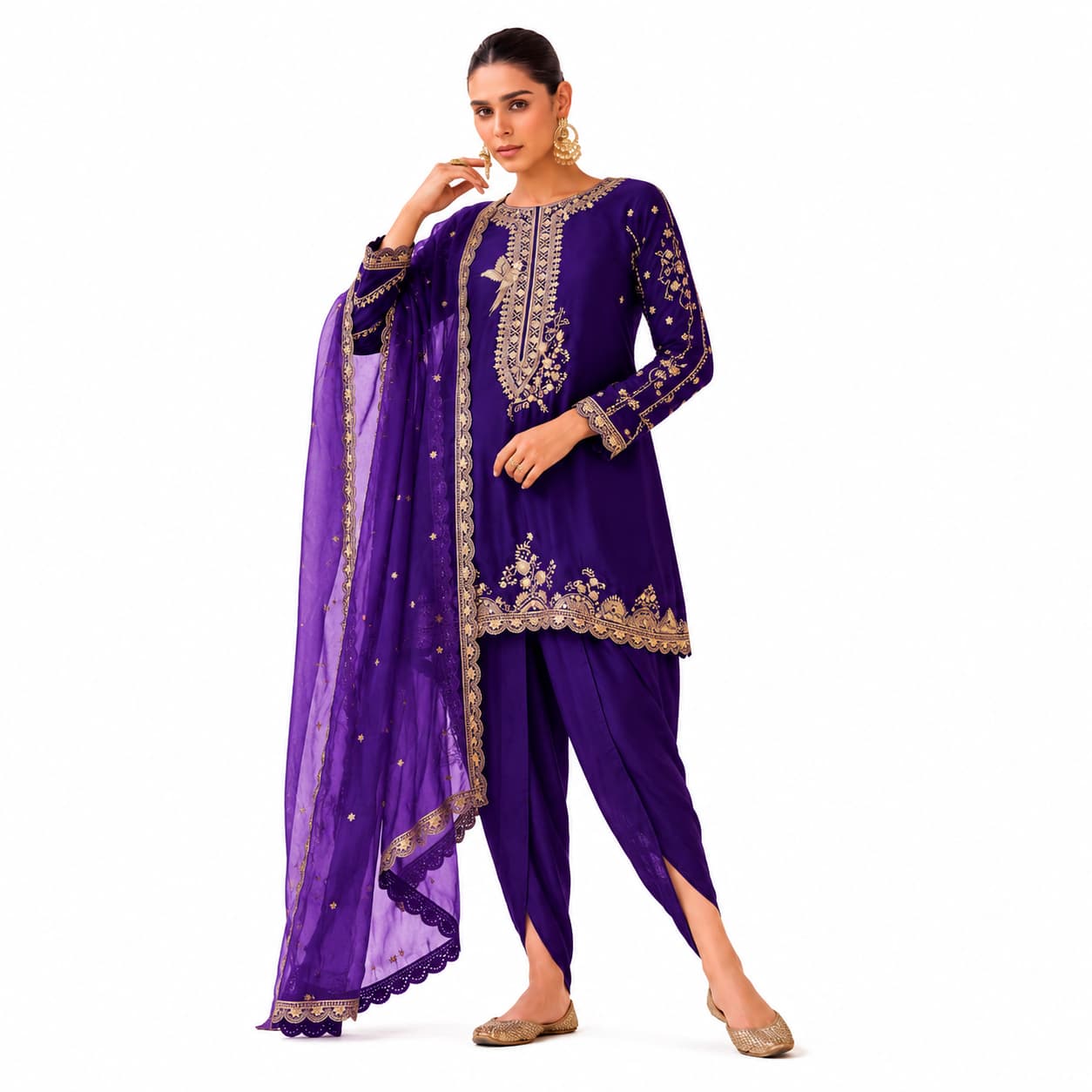 Purple Embroidered Crepe Silk Dhoti Suit with Organza Dupatta