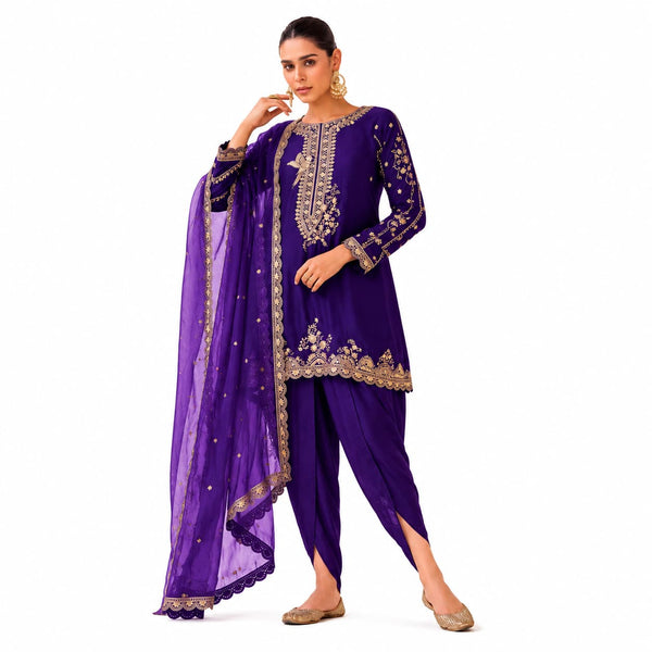 Purple Embroidered Crepe Silk Dhoti Suit with Organza Dupatta by Naksh Creation