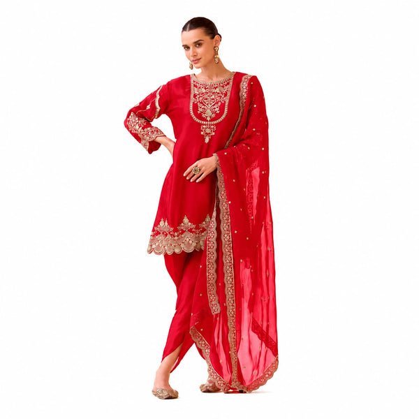 Red Embroidered Crepe Silk Dhoti Suit with Organza Dupatta by Naksh Creation