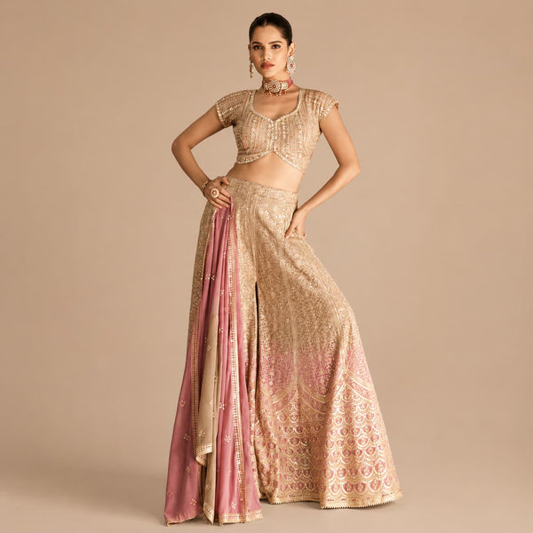 Champagne Gold Real Georgette Embroidered Readymade Palazzo Suit by Naksh Creation