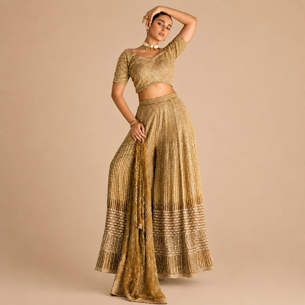 Olive Gold Real Georgette Embroidered Readymade Palazzo Suit by Naksh Creation
