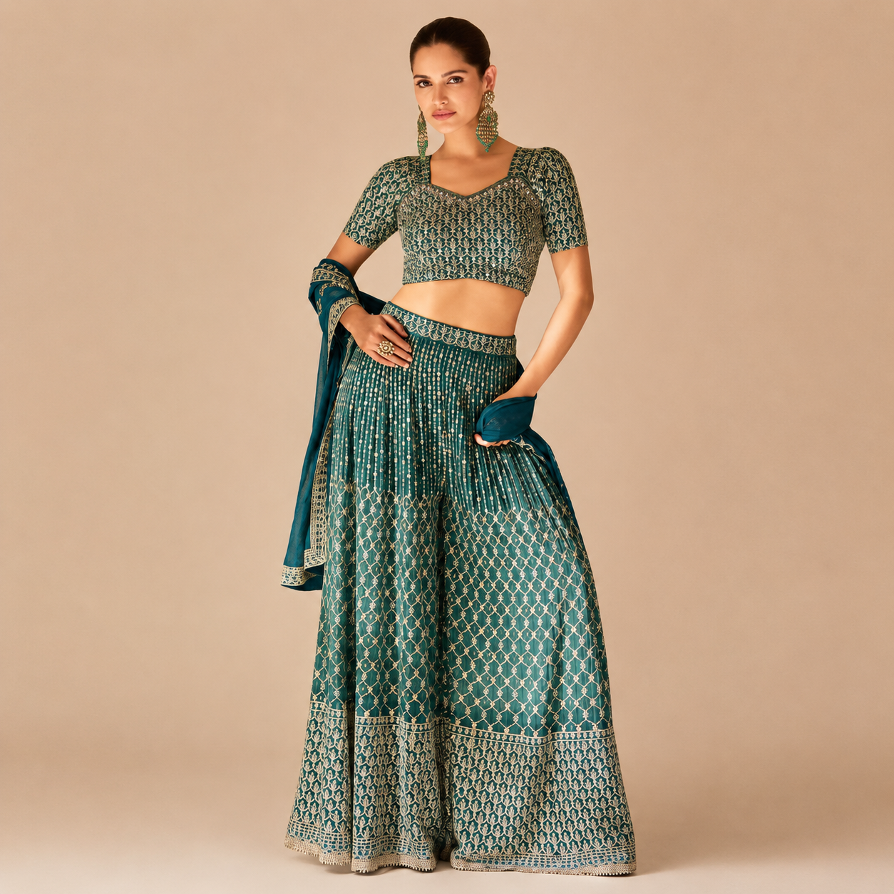 Teal green embroidered palazzo suit set with mirror work dupatta