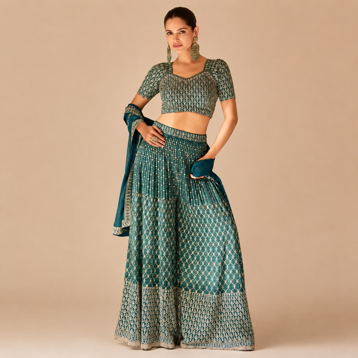Teal Green Real Georgette Embroidered Readymade Palazzo Suit by Naksh Creation