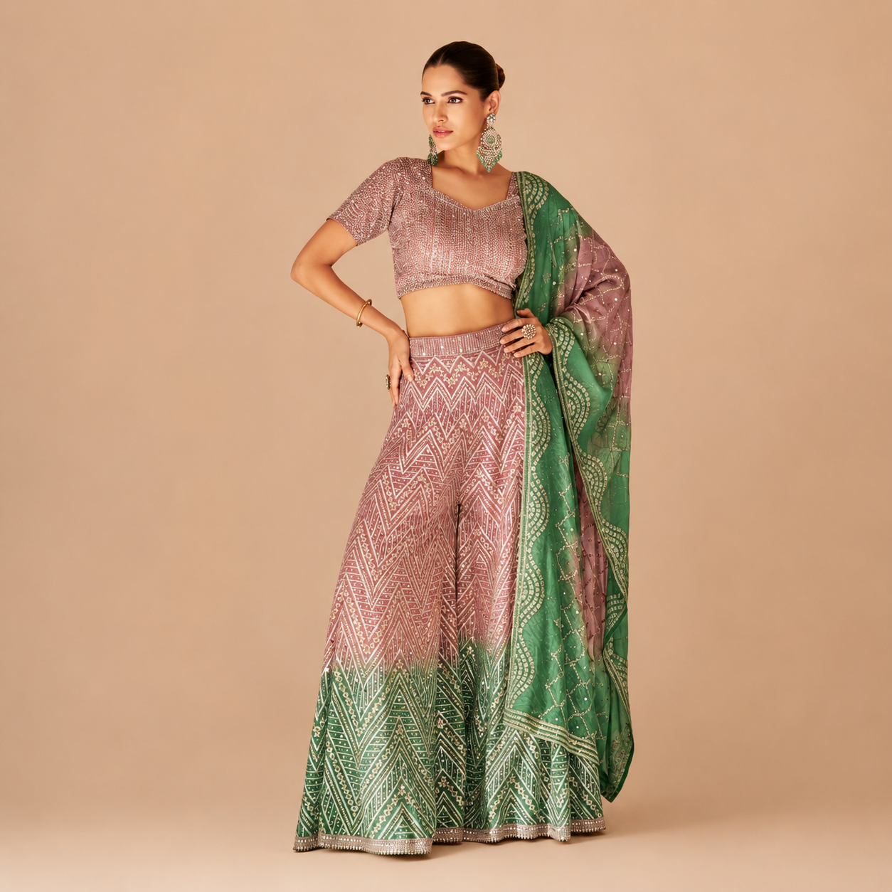 Ready to Wear Dusty Rose Stone & Mirror Work Palazzo Suit Set