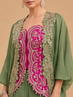 Olive Green & Magenta Chinon Silk Hand Embellished Organza Silk Indo Western Readymade Palazzo Suit