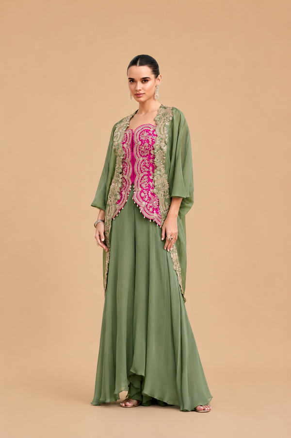 Olive Green & Magenta Chinon Silk Hand Embellished Organza Silk Indo Western Palazzo Suit