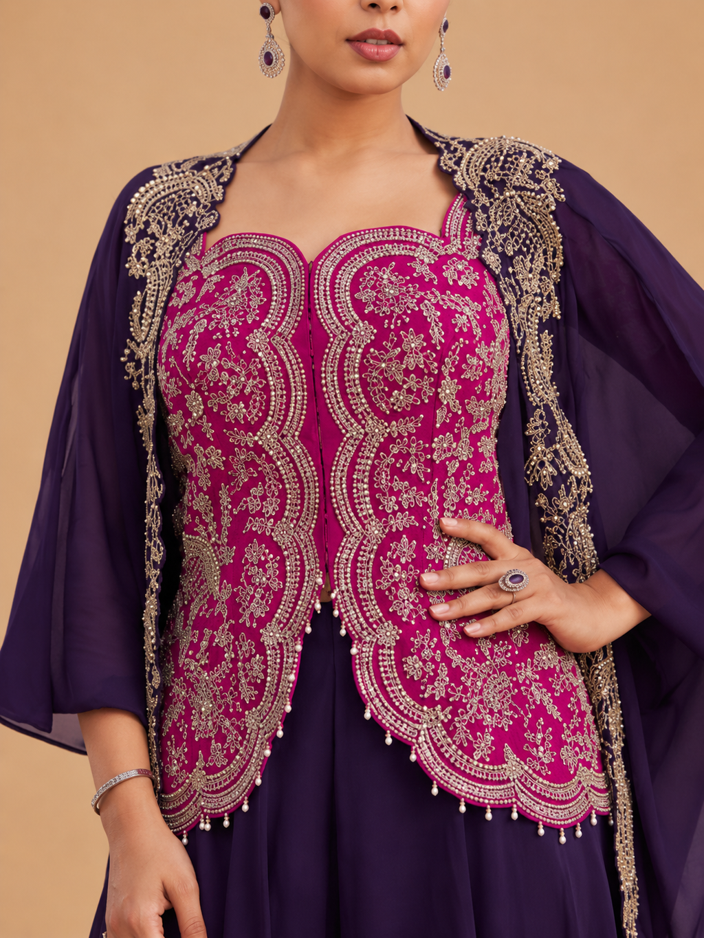 Dark Purple & Magenta Chinon Silk Hand Embellished Organza Silk Indo Western Readymade Palazzo Suit