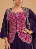 Dark Purple & Magenta Chinon Silk Hand Embellished Organza Silk Indo Western Readymade Palazzo Suit