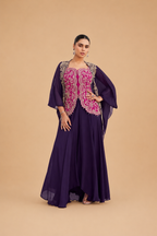 Dark Purple & Magenta Chinon Silk Hand Embellished Organza Silk Indo Western Palazzo Suit