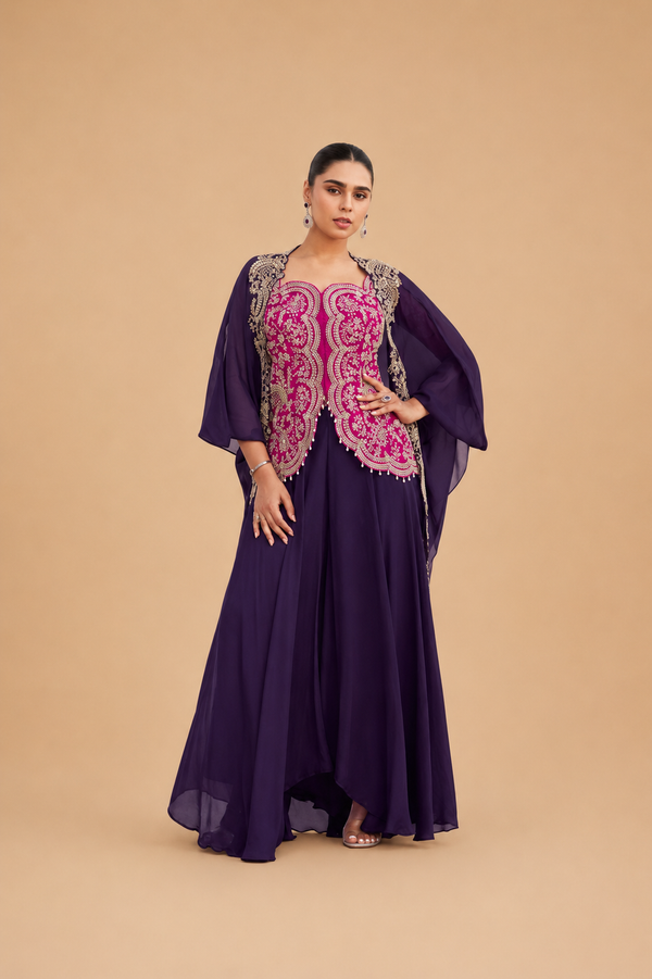 Dark Purple & Magenta Chinon Silk Hand Embellished Organza Silk Indo Western Palazzo Suit