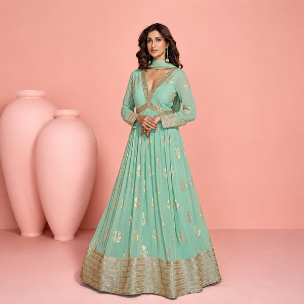 Mint Green Viscose Jacquard Silk Readymade Designer Anarkali Gown by Naksh Creation