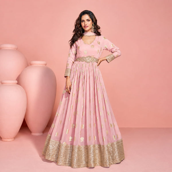 Blush Pink Viscose Jacquard Silk Readymade Designer Anarkali Gown by Naksh Creation