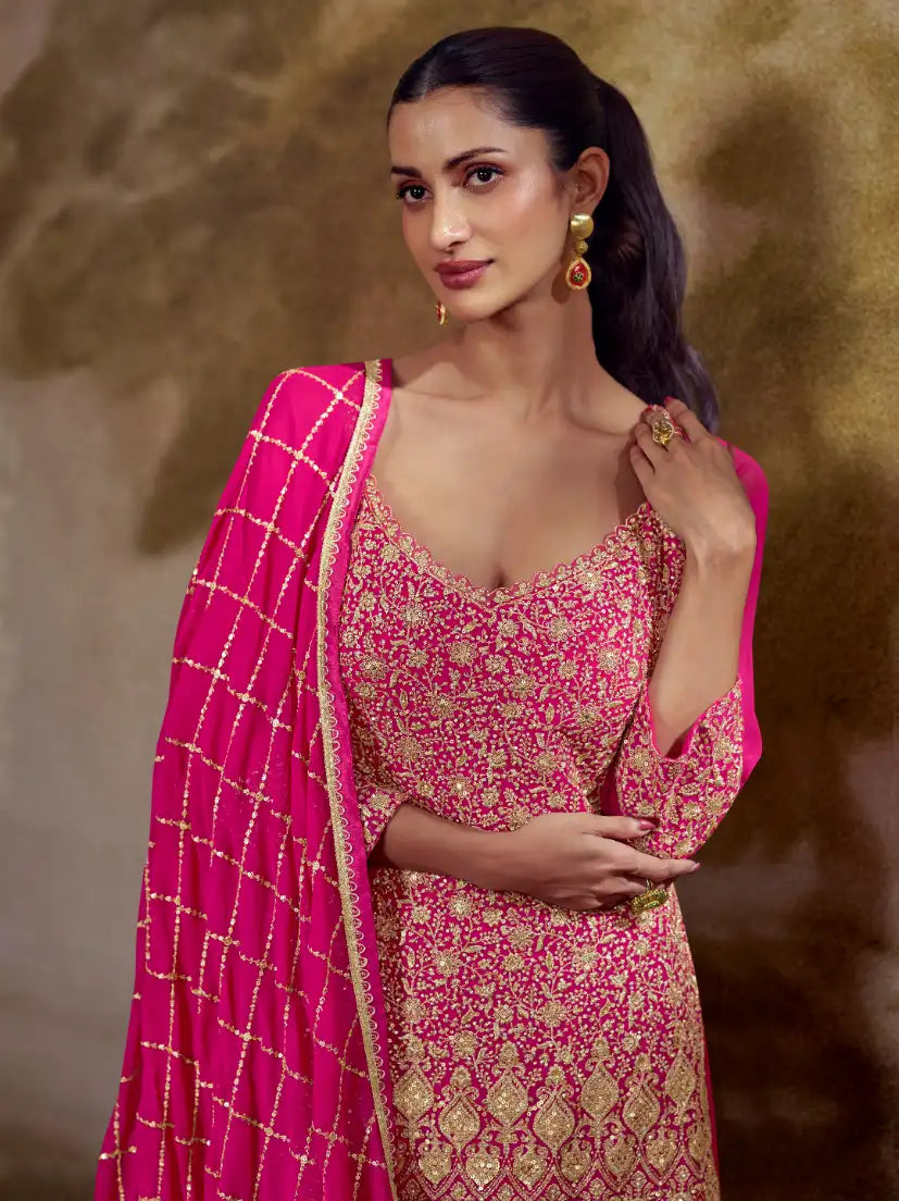 Rani Pink Zarkan Kasab Embroidered Real Georgette Kali Palazzo Suit Set - View 2