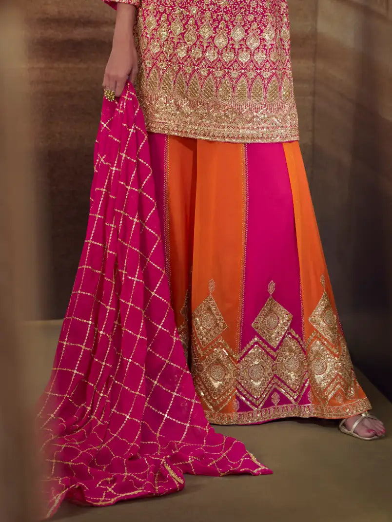 Rani Pink Zarkan Kasab Embroidered Real Georgette Kali Palazzo Suit Set - View 3