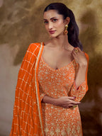 Tangerine Orange Zarkan Kasab Embroidered Real Georgette Kali Palazzo Suit Set - View 2