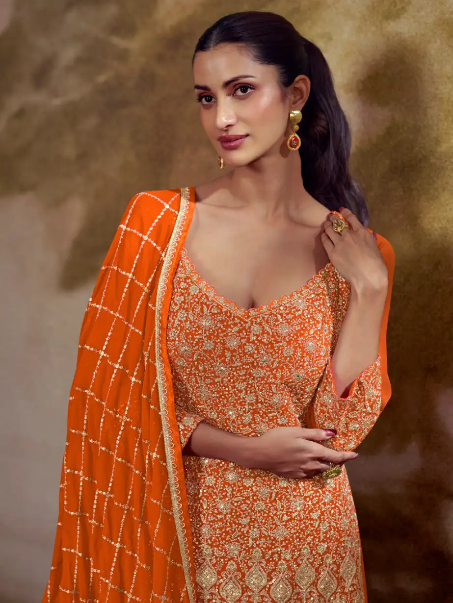 Tangerine Orange Zarkan Kasab Embroidered Real Georgette Kali Palazzo Suit Set - View 2