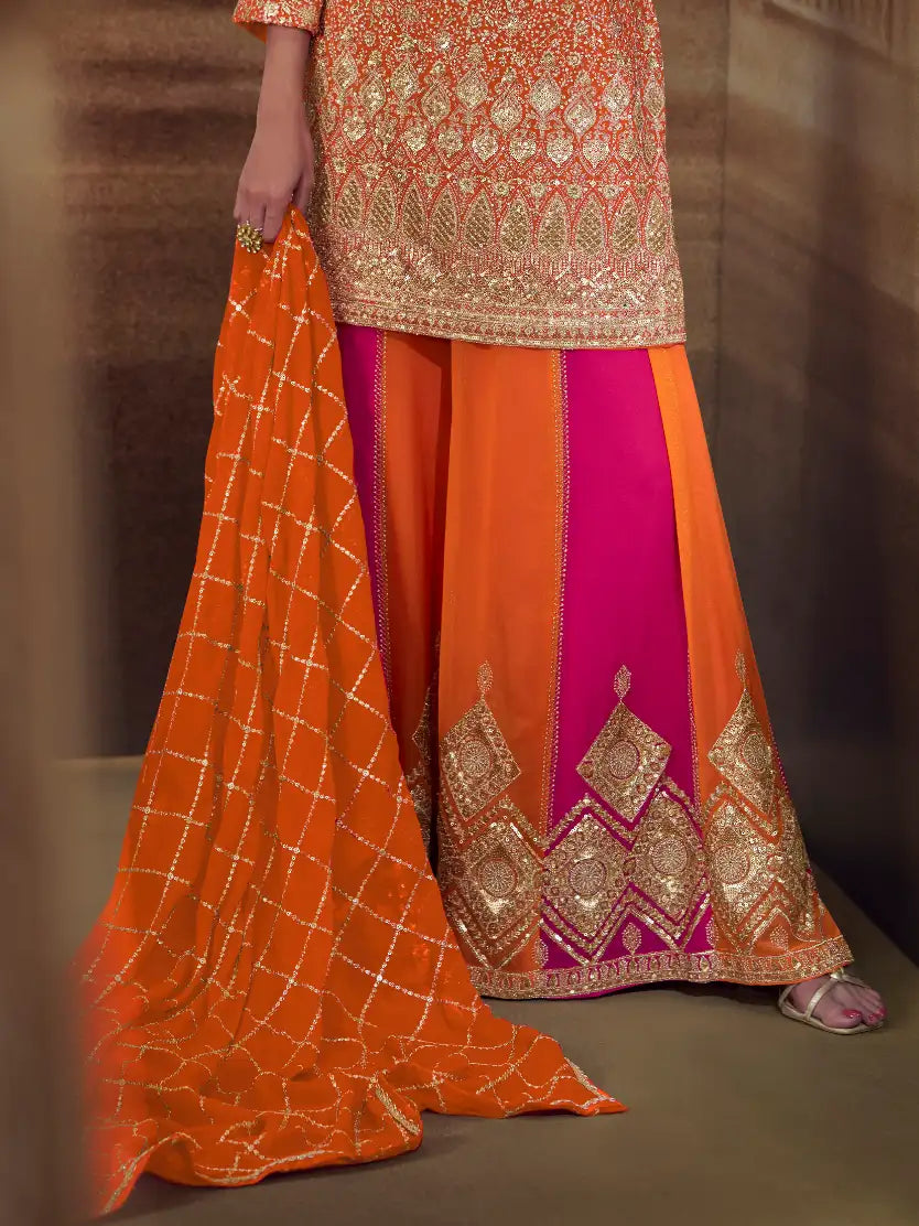 Tangerine Orange Zarkan Kasab Embroidered Real Georgette Kali Palazzo Suit Set - View 3