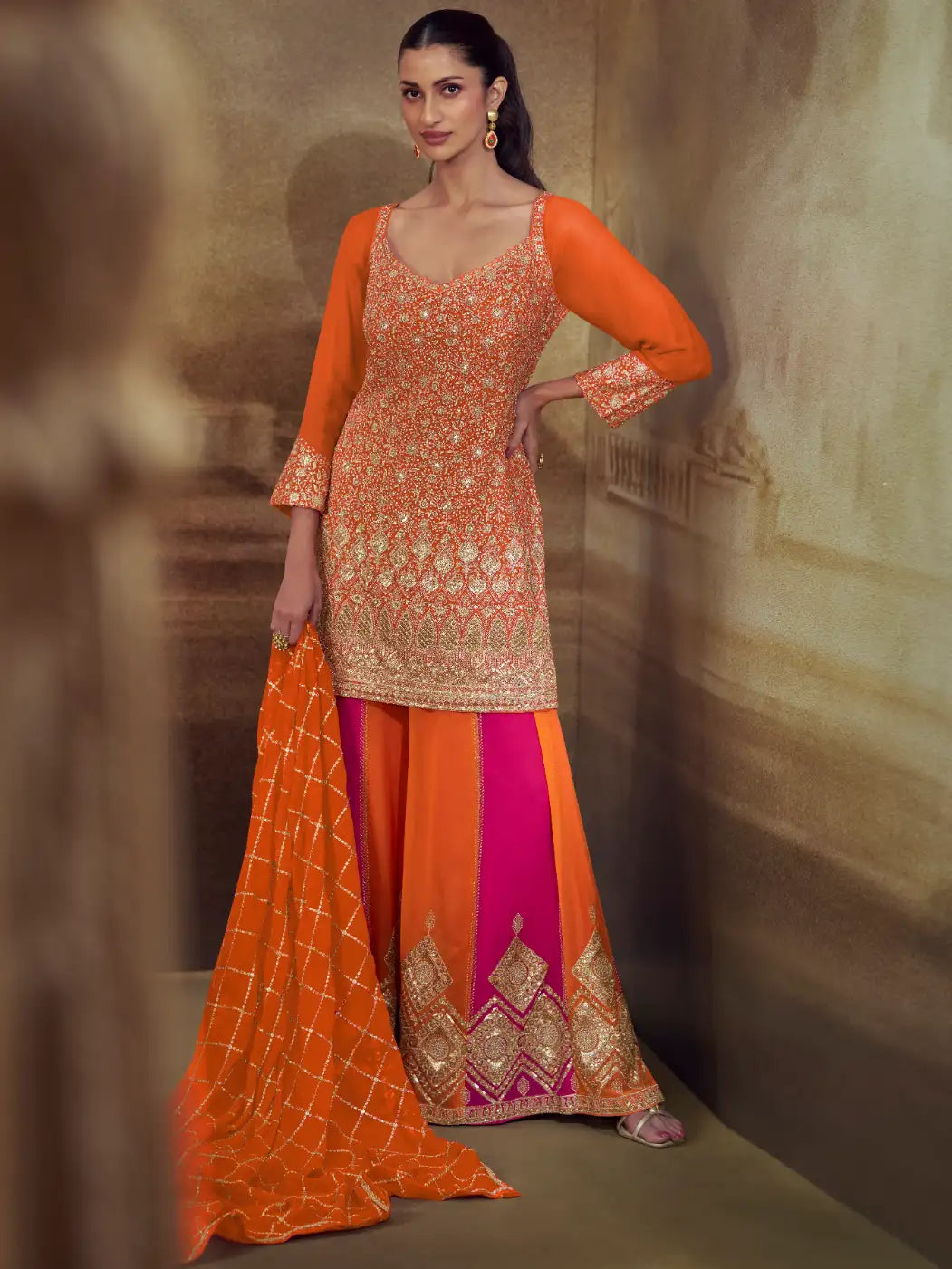 Tangerine Orange Zarkan Kasab Embroidered Real Georgette Kali Palazzo Suit Set - View 1