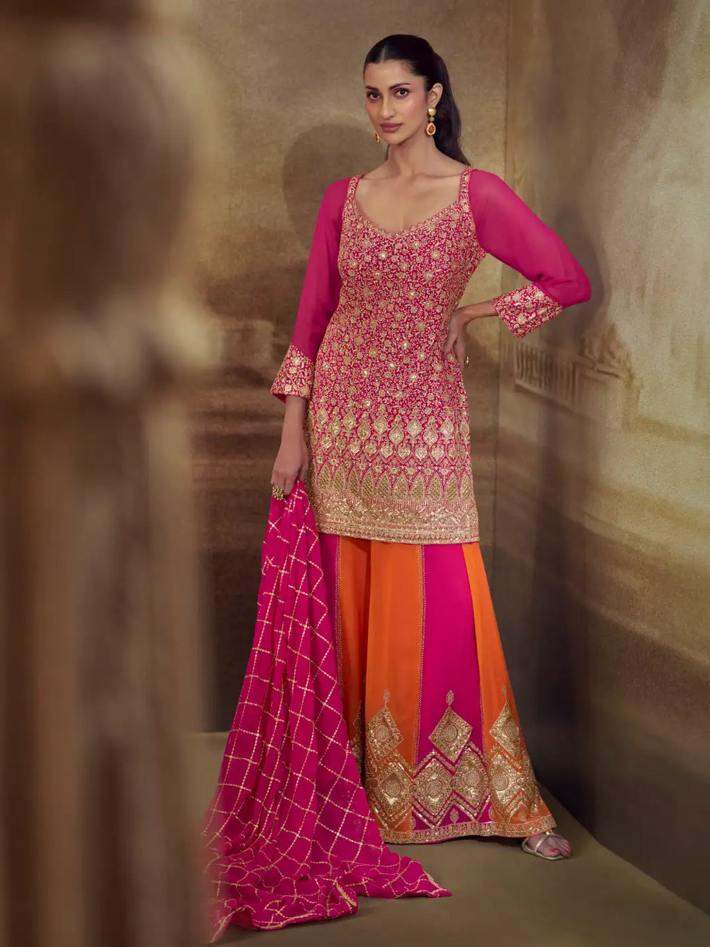 Rani Pink Zarkan Kasab Embroidered Real Georgette Kali Palazzo Suit Set - View 1