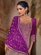 Royal Purple Zarkan Kasab Embroidered Real Georgette Kali Palazzo Suit Set - View 2