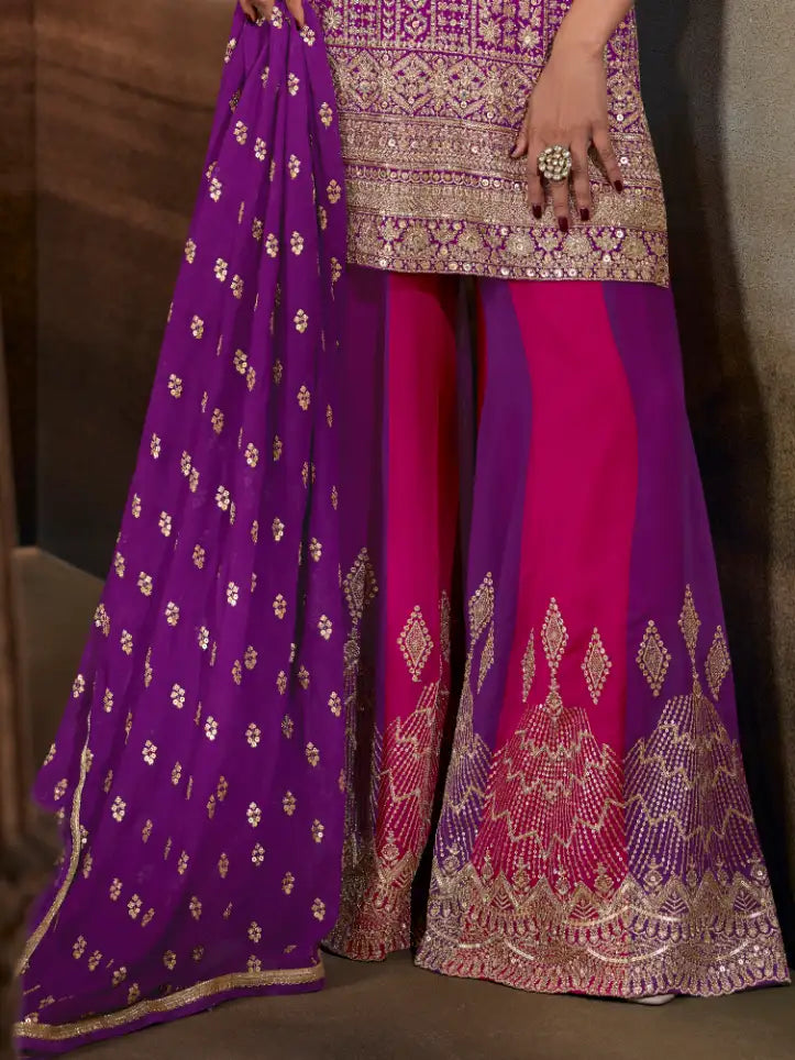 Royal Purple Zarkan Kasab Embroidered Real Georgette Kali Palazzo Suit Set - View 3