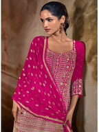 Hot Rani Pink Zarkan Kasab Embroidered Real Georgette Kali Palazzo Suit Set - View 2